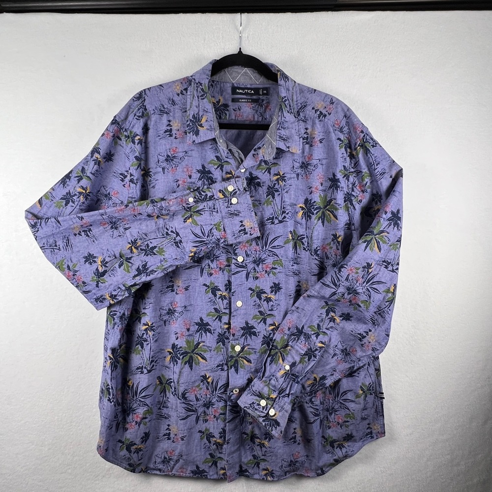 Nautica Men's XXL Blue Tropical Floral Long Sleeve Button Down Shirt Coastal